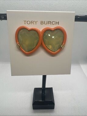 Tory Burch Orange Enamel Heart Earrings with Olive Faceted Stones